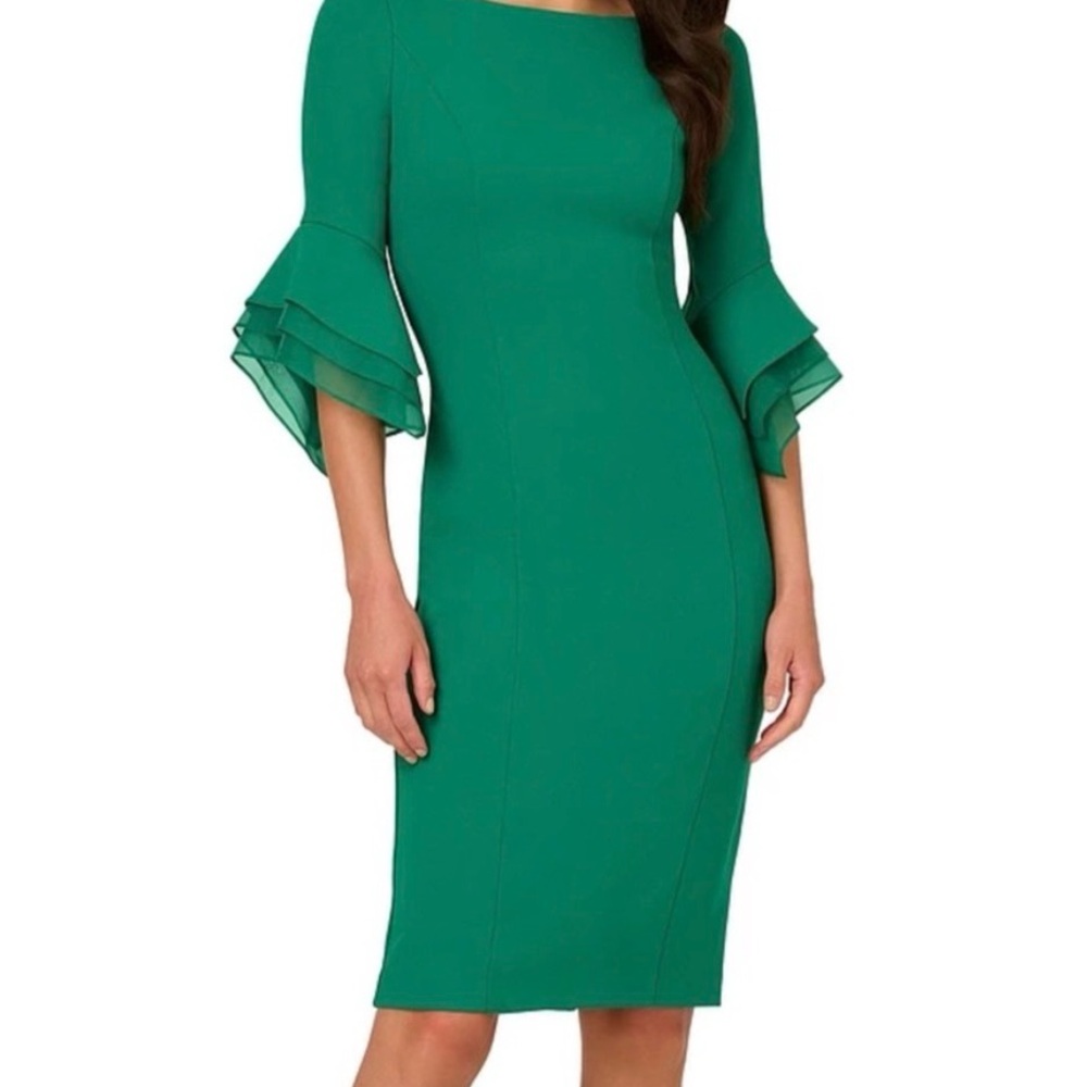 Adrianna Papell Stretch Crepe 3/4 Bell
Sleeve Boat Neck Sheath Dress